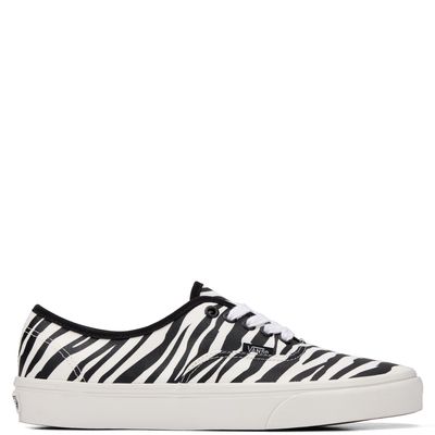 Side profile of Vans Authentic Animalier Zebra sneaker with black and white zebra print upper and white midsole