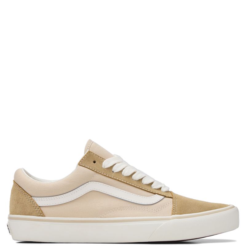 Side profile of Vans Old Skool Nineties Tan with suede and canvas upper and white Sidestripe