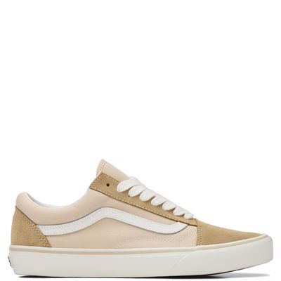 Side profile of Vans Old Skool Nineties Tan with suede and canvas upper and white Sidestripe