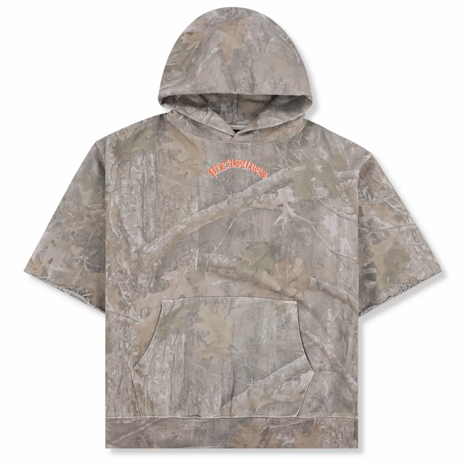 Front flat lay of Pleasures Cut Off Hoodie in camo with short sleeves and kangaroo pocket.