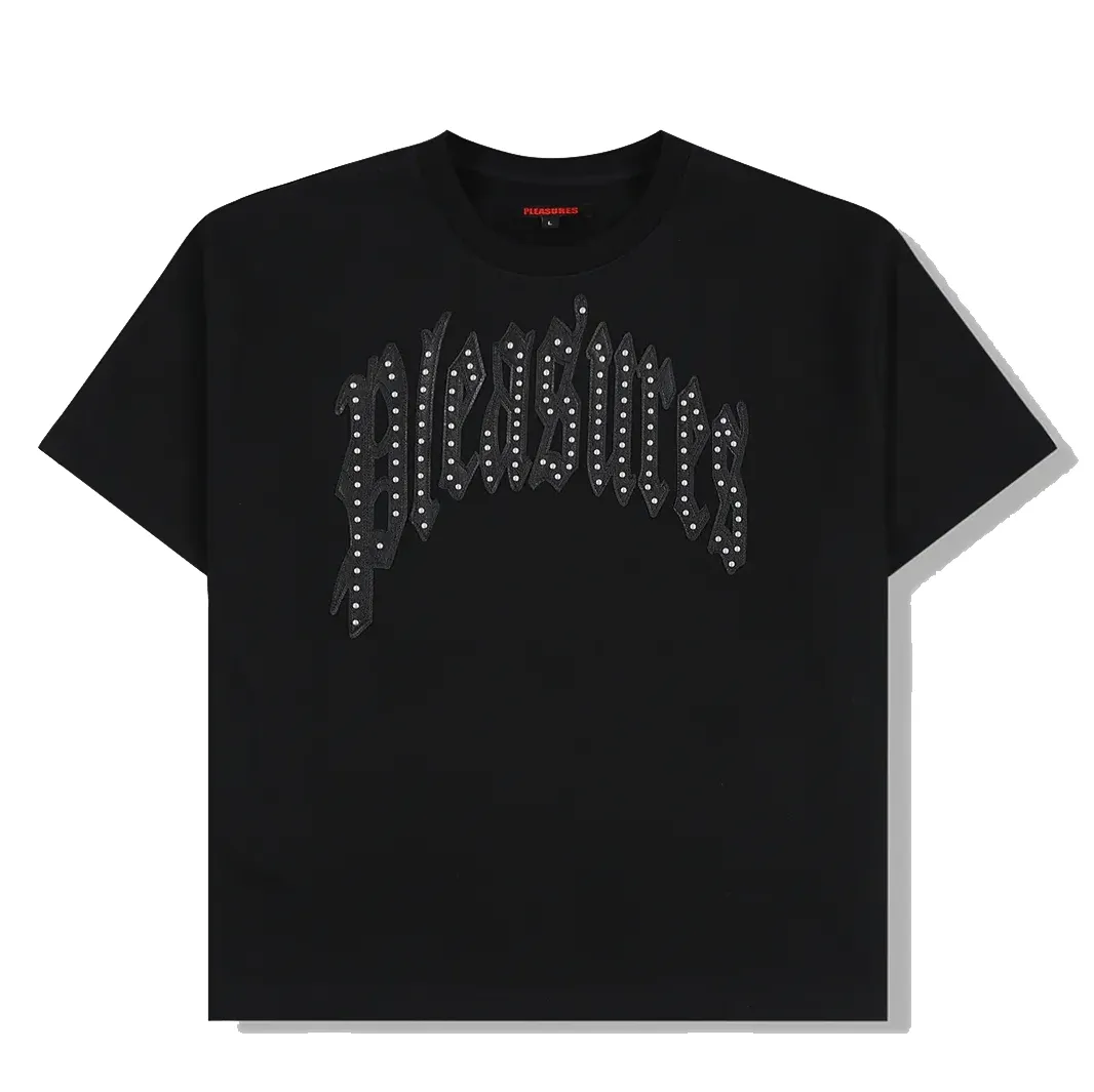 Front flat lay of Pleasures Twitch Studded Crewneck in black with raised studded lettering.