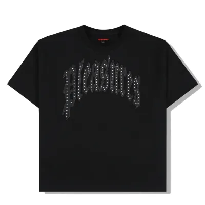 Front flat lay of Pleasures Twitch Studded Crewneck in black with raised studded lettering.