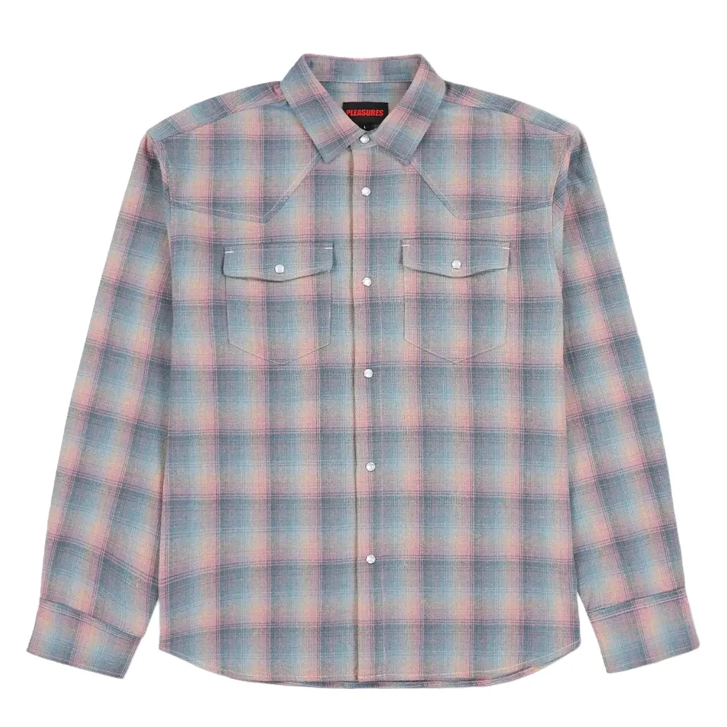 Front flat lay of pink Pleasures Sender Western shirt with dual chest pockets.