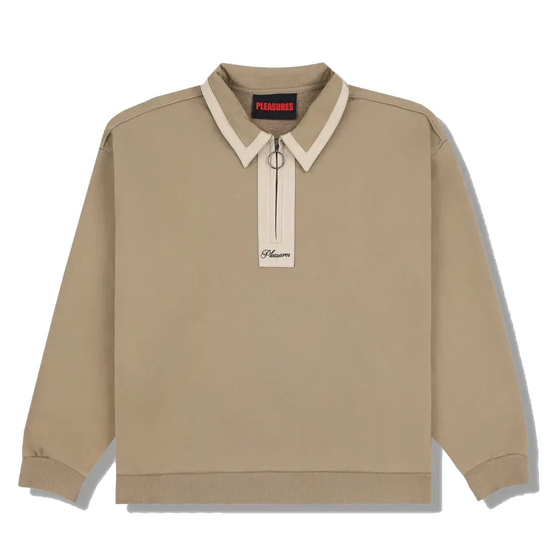 Front flat lay of tan Pleasures Drift Zip Polo with contrast collar.