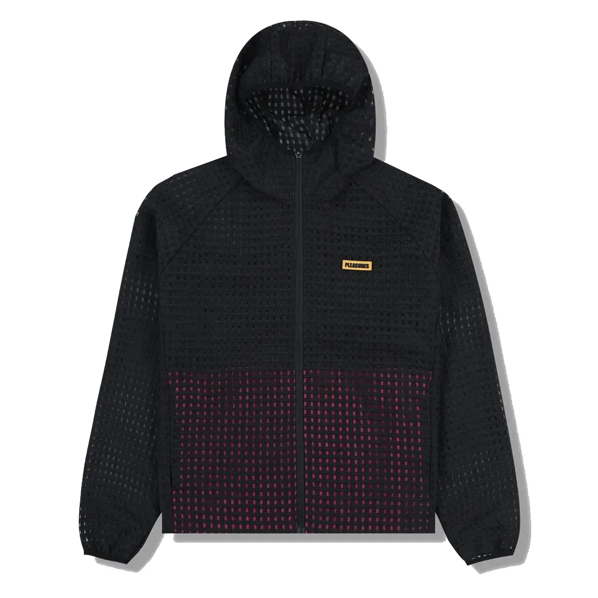 Front flat lay of PLEASURES System Plaid Hooded Jacket in Black showing plaid grid pattern and zip closure.