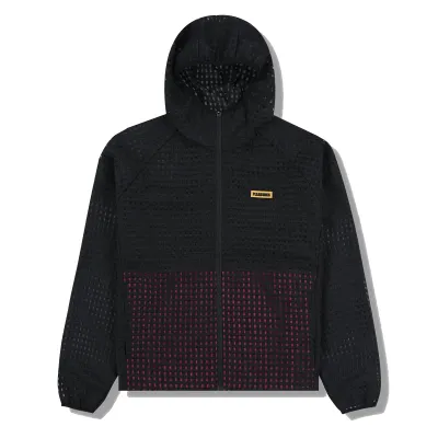 Front flat lay of PLEASURES System Plaid Hooded Jacket in Black showing plaid grid pattern and zip closure.