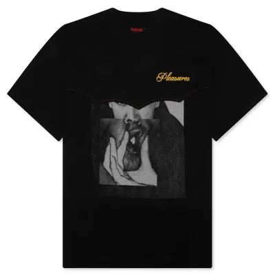 Front flat lay of Pleasures Ritual Heavyweight Shirt in black with chest embroidery and large graphic print.