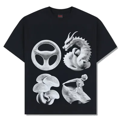 Front flat lay of PLEASURES Disfunction Tee featuring oversized graphic with dragon, mushrooms, and abstract sculptural forms