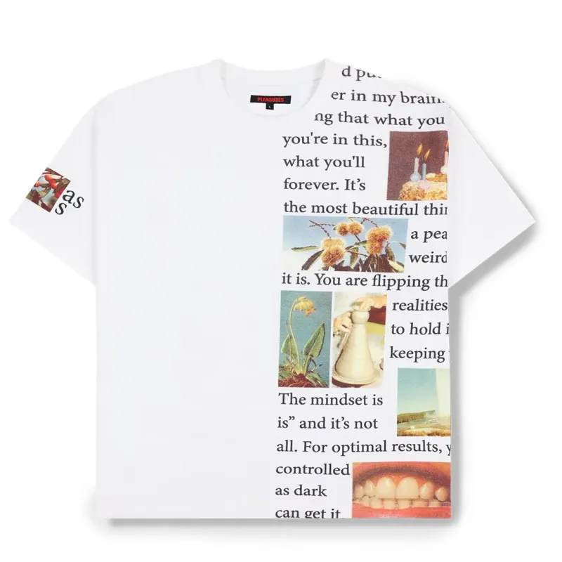 Front flat lay of white Pleasures Connection Heavyweight Shirt with oversized photo and typography panel.