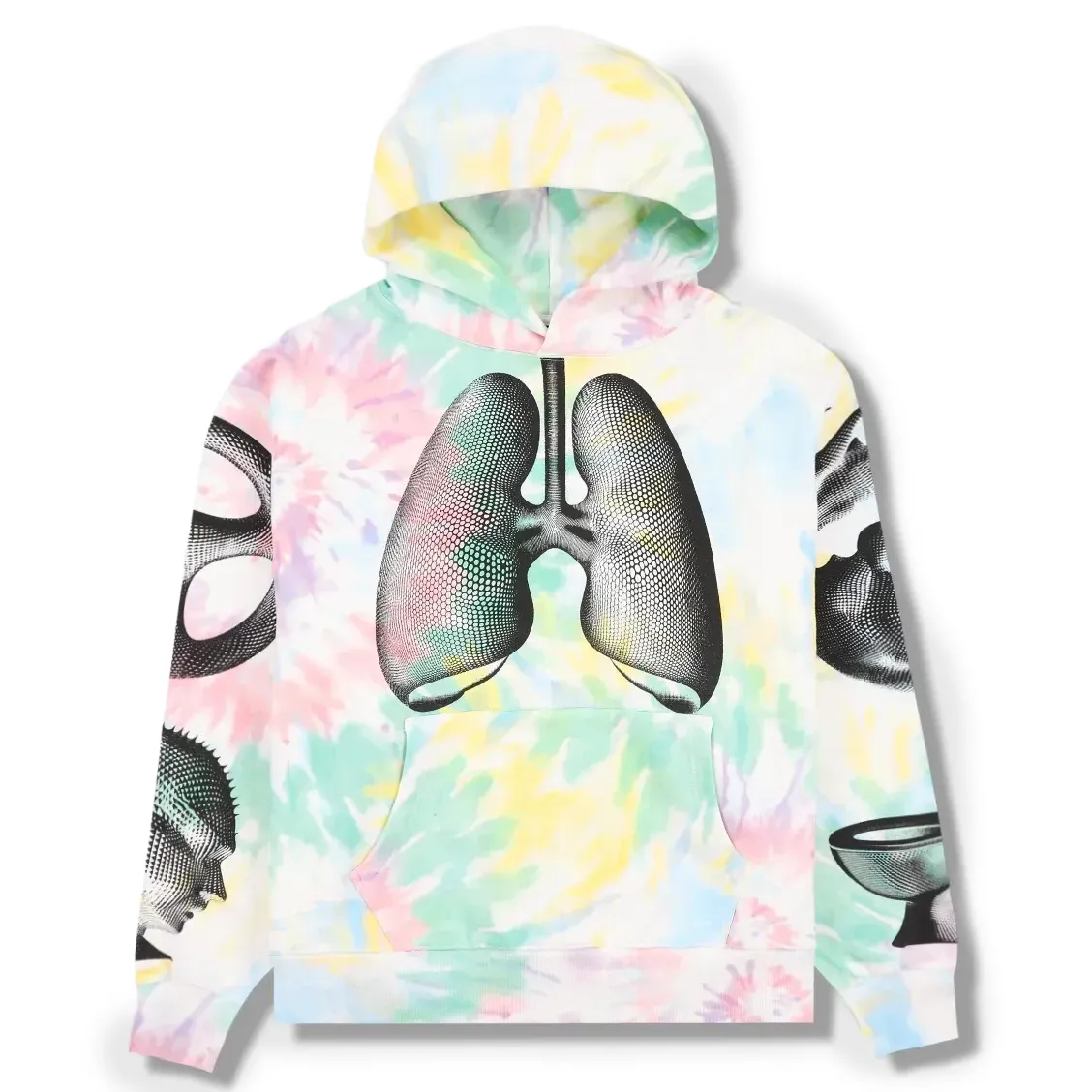 Front flat lay of Dysfunction Hoodie in multicolor tie-dye with lung chest print and kangaroo pocket.