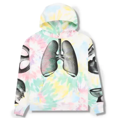 Front flat lay of Dysfunction Hoodie in multicolor tie-dye with lung chest print and kangaroo pocket.