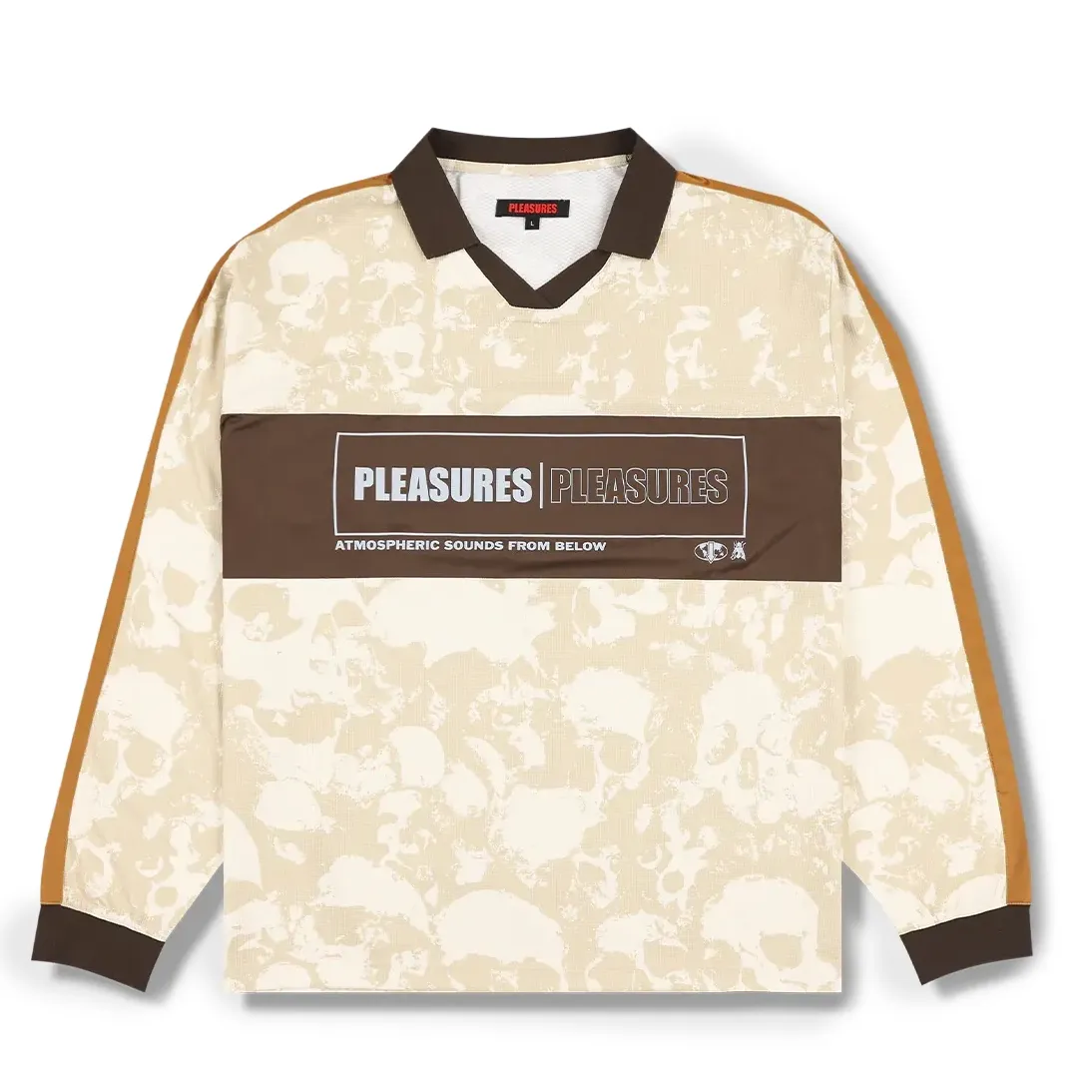 Front flat lay of Pleasures Despair Jersey in ecru with Pleasures logo panel and contrast trim.