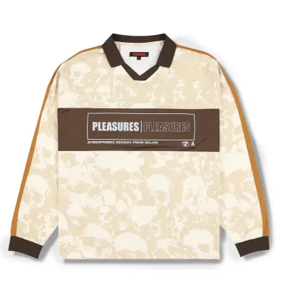 Front flat lay of Pleasures Despair Jersey in ecru with Pleasures logo panel and contrast trim.