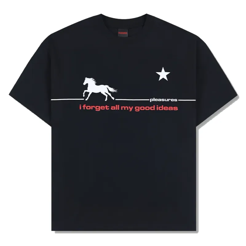 Front flat lay of black Pleasures Forget Tee with “i forget all my good ideas” text print.