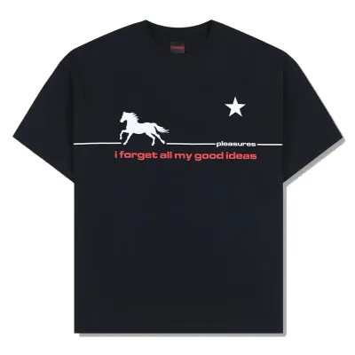 Front flat lay of black Pleasures Forget Tee with “i forget all my good ideas” text print.