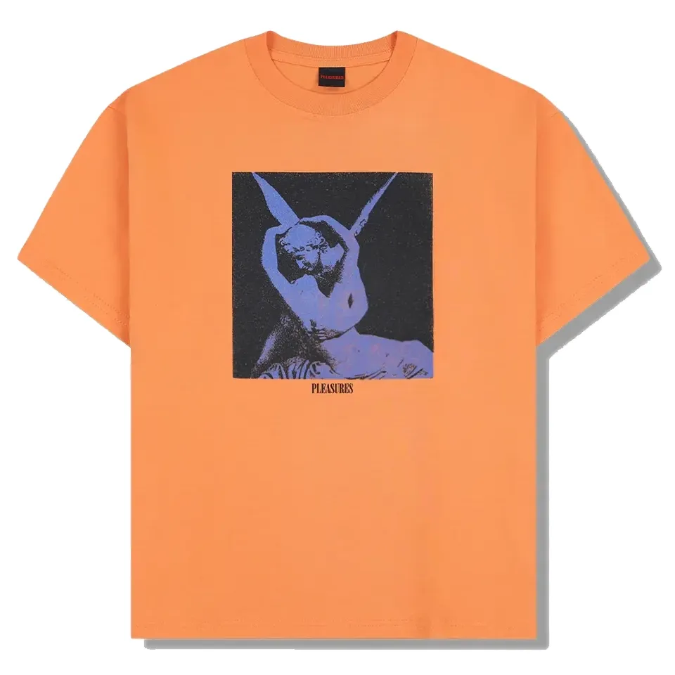 Front flat lay of Pleasures Angel T-Shirt in orange with blue angel graphic print.
