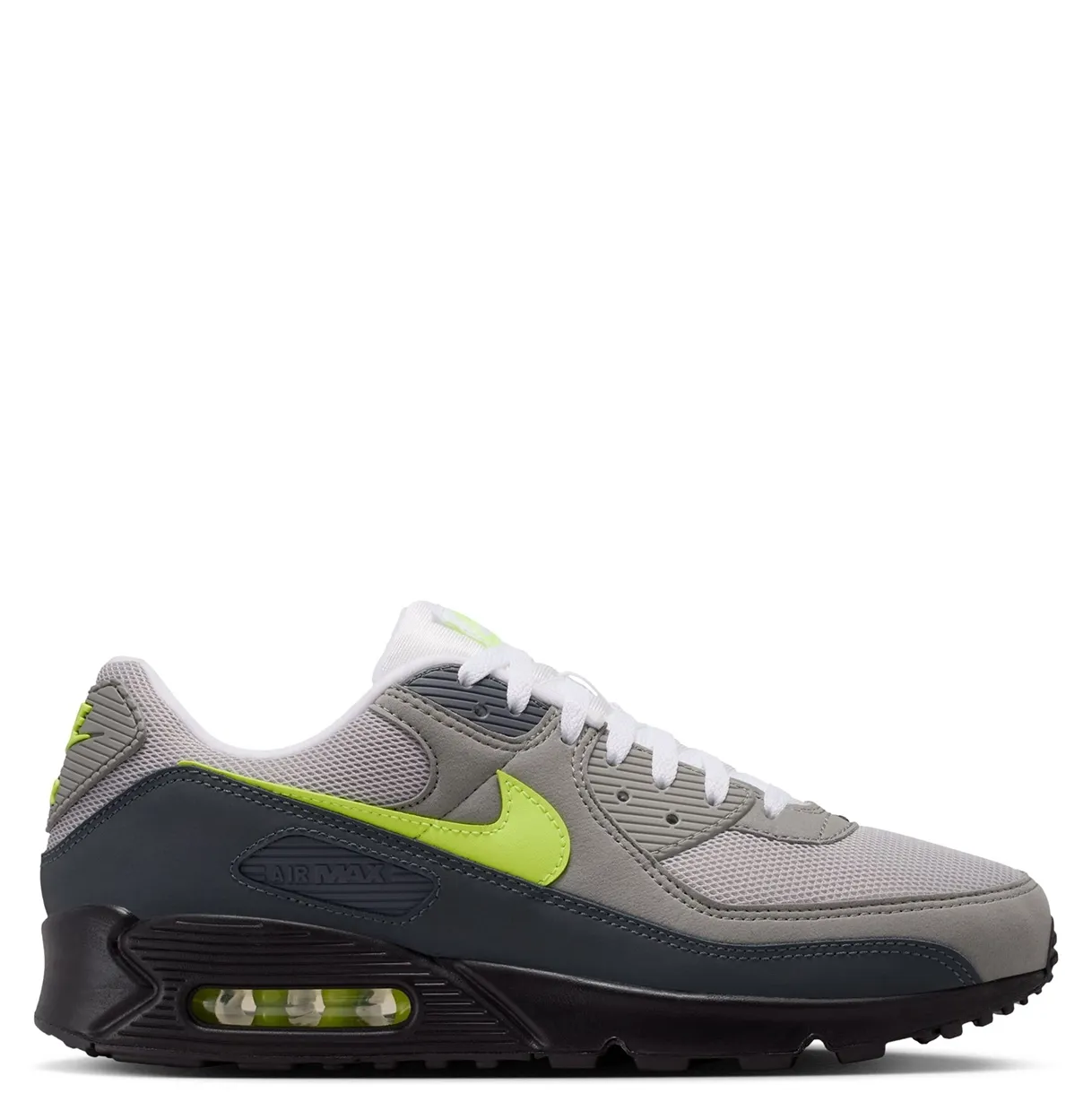 Side profile of Nike Air Max 90 with visible neon green Air unit and black midsole.