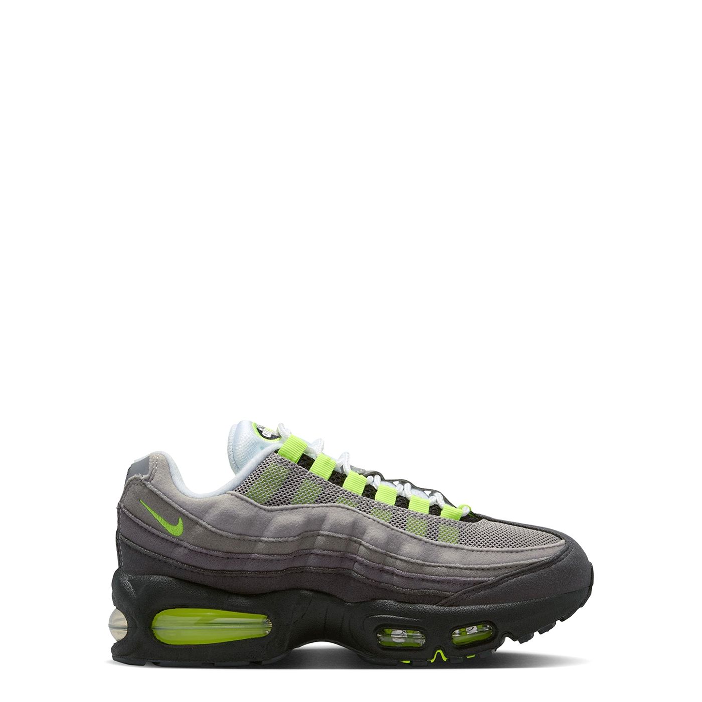 Side profile of Nike Air Max 95 GS with visible neon Air cushioning and black midsole.