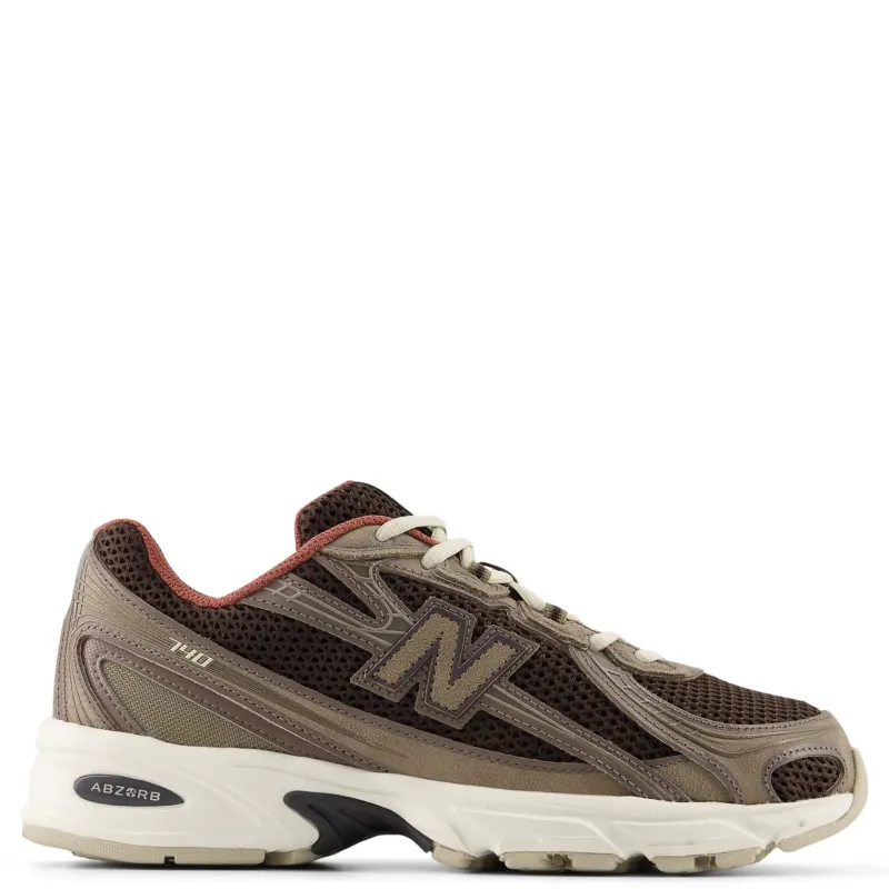 Side profile of New Balance 740 in Cortado and Thunder Brown with mesh upper and suede overlays