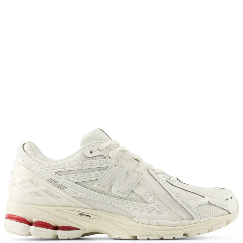 Lateral view of New Balance 1906R in Angora with Sea Salt mesh upper and red heel cushioning pods