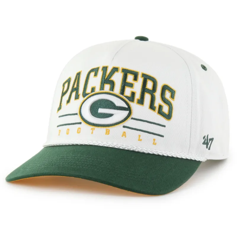 Green Bay Packers Roscoe Hitch hat with Packers wordmark and logo on white crown and green brim.