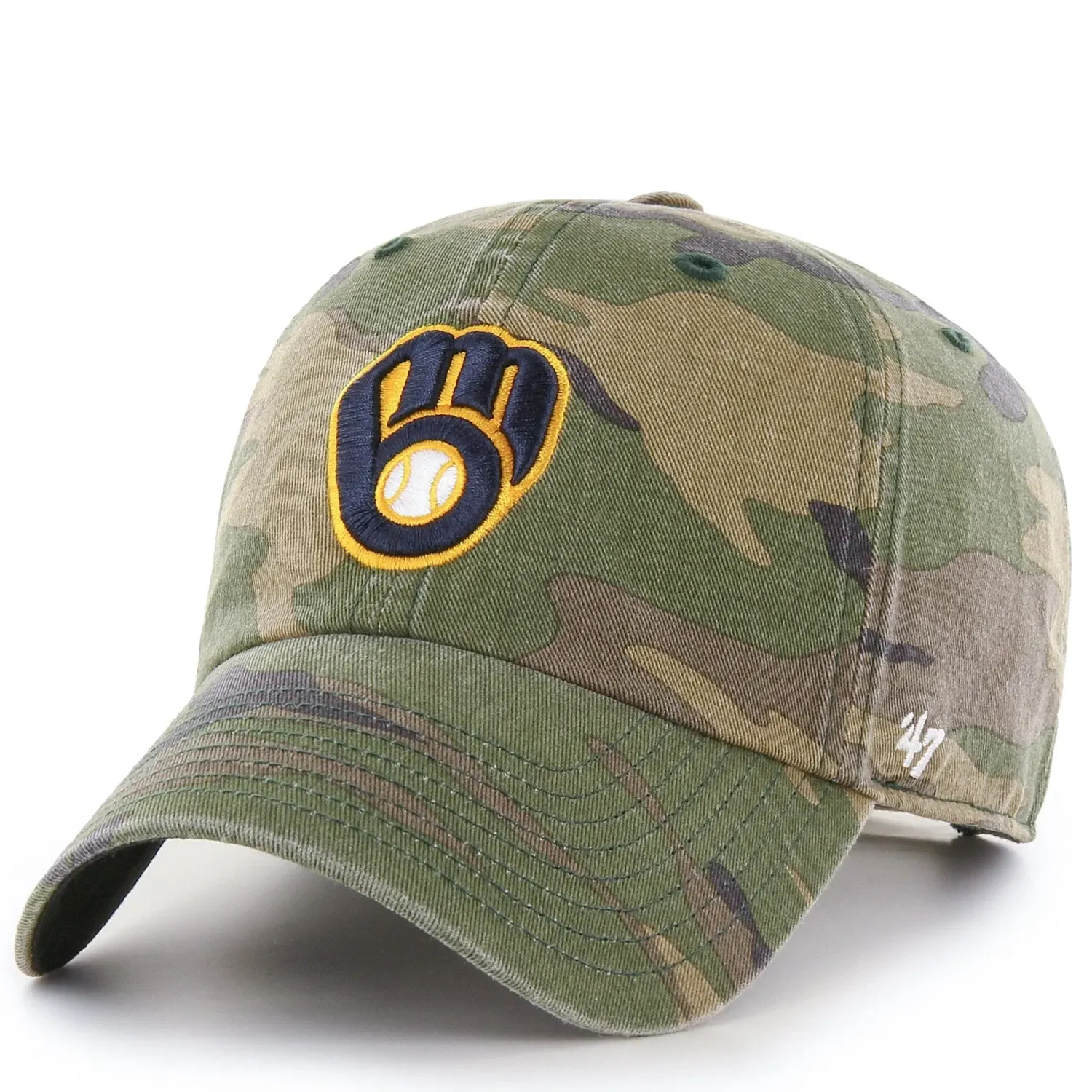 Milwaukee Brewers camouflage Clean Up cap with embroidered glove logo, curved brim, and relaxed adjustable fit.