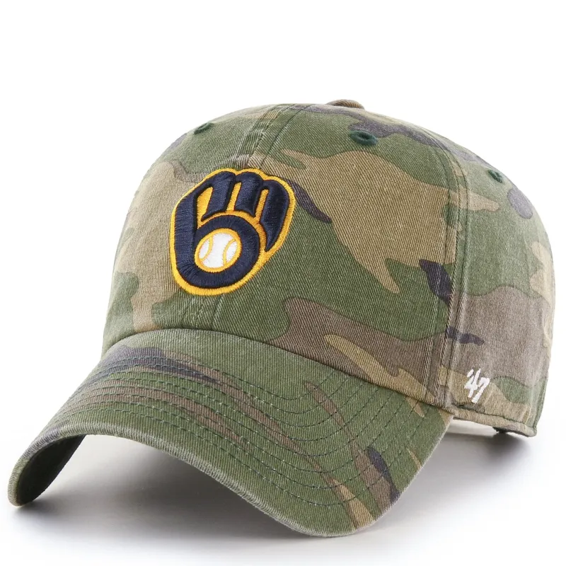 Milwaukee Brewers camouflage Clean Up cap with embroidered glove logo, curved brim, and relaxed adjustable fit.