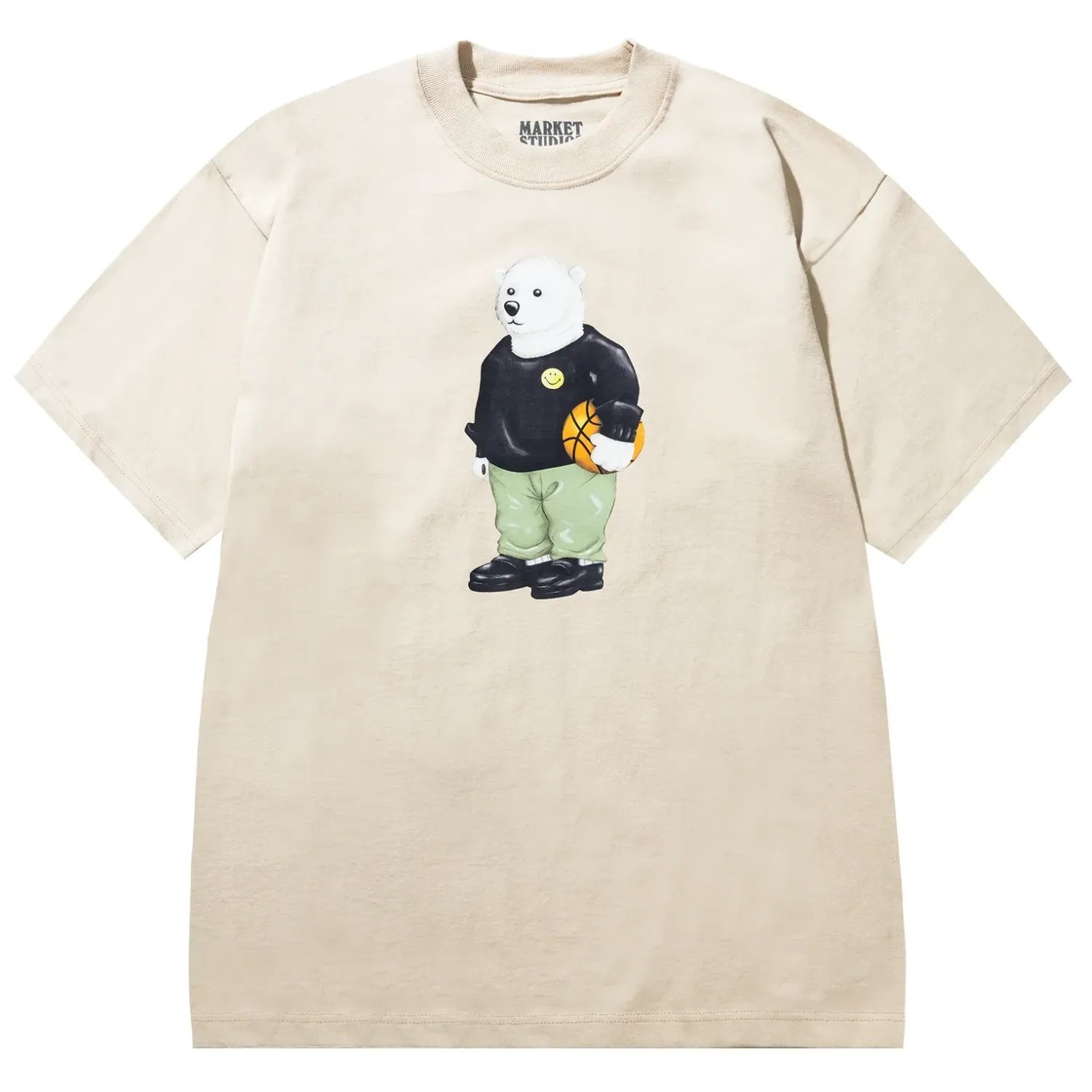 Front flat lay of Market Smiley Polar Bear T-Shirt in wood ash with centered bear artwork.