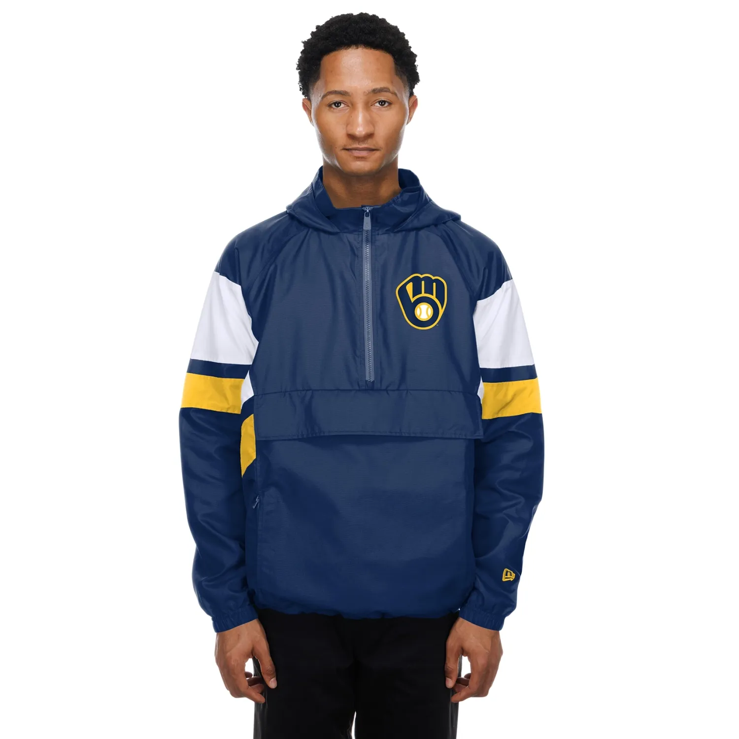 Model wearing navy Brewers half-zip anorak windbreaker with hood and embroidered glove logo.