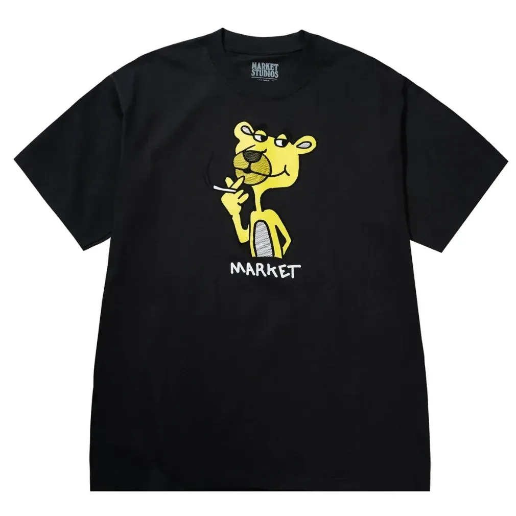 Front flat lay of Market Yellow Panther T-Shirt in washed black with centered cartoon graphic print.
