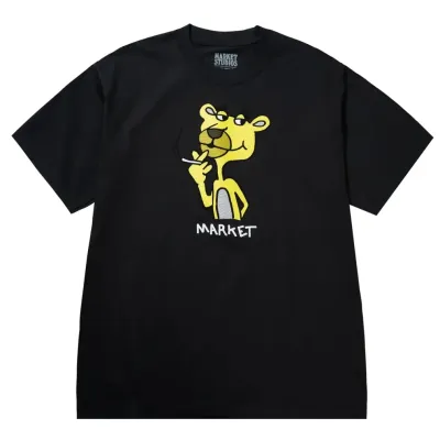 Front flat lay of Market Yellow Panther T-Shirt in washed black with centered cartoon graphic print.