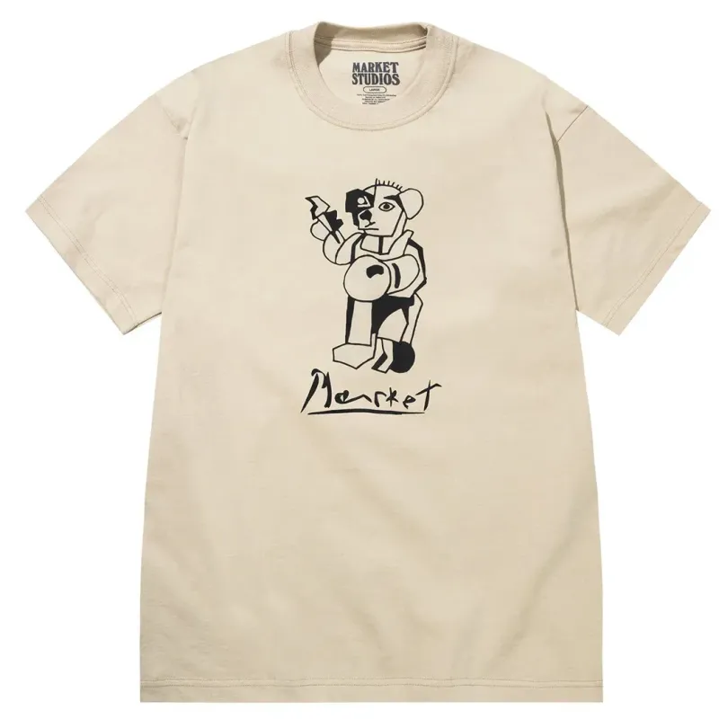 Front view of the Market Cubism Bear Tee in Wood Ash with black cubist bear graphic and Market script logo on the chest