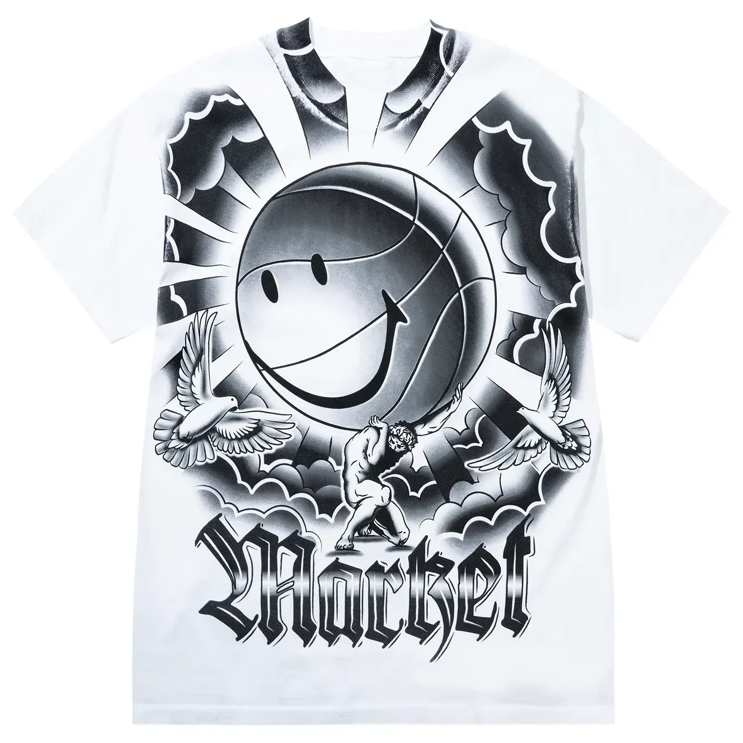Front flat lay of white Market Smiley Carry Your Weight Tee with oversized black graphic artwork.