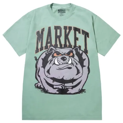 Front flat lay of Angry Bulldog T-Shirt in malachite green with oversized bulldog graphic and varsity-style MARKET TEXT
