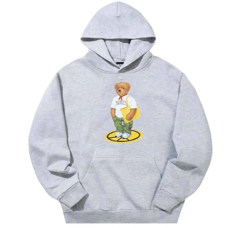 Front view of Market Stand For Peace Bear hoodie in ash grey.