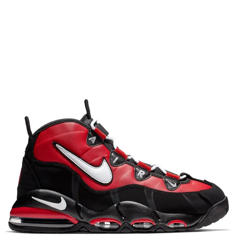 Lateral side view of Nike Air Max Uptempo 95 with white Nike Swoosh and sculpted black midsole