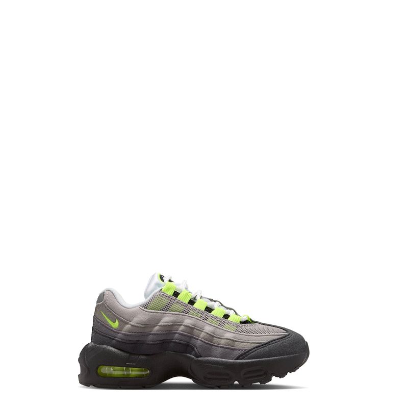 Side view of Nike Air Max 95 PS in black and grey with neon yellow lace loops.