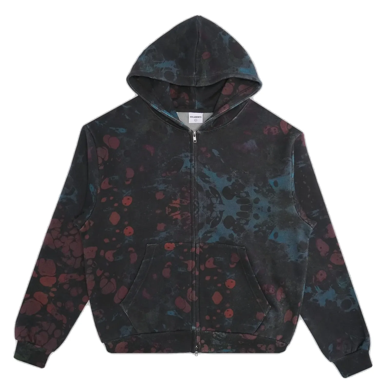 Front view of Arnault black fleece zip hoodie with kangaroo pockets.