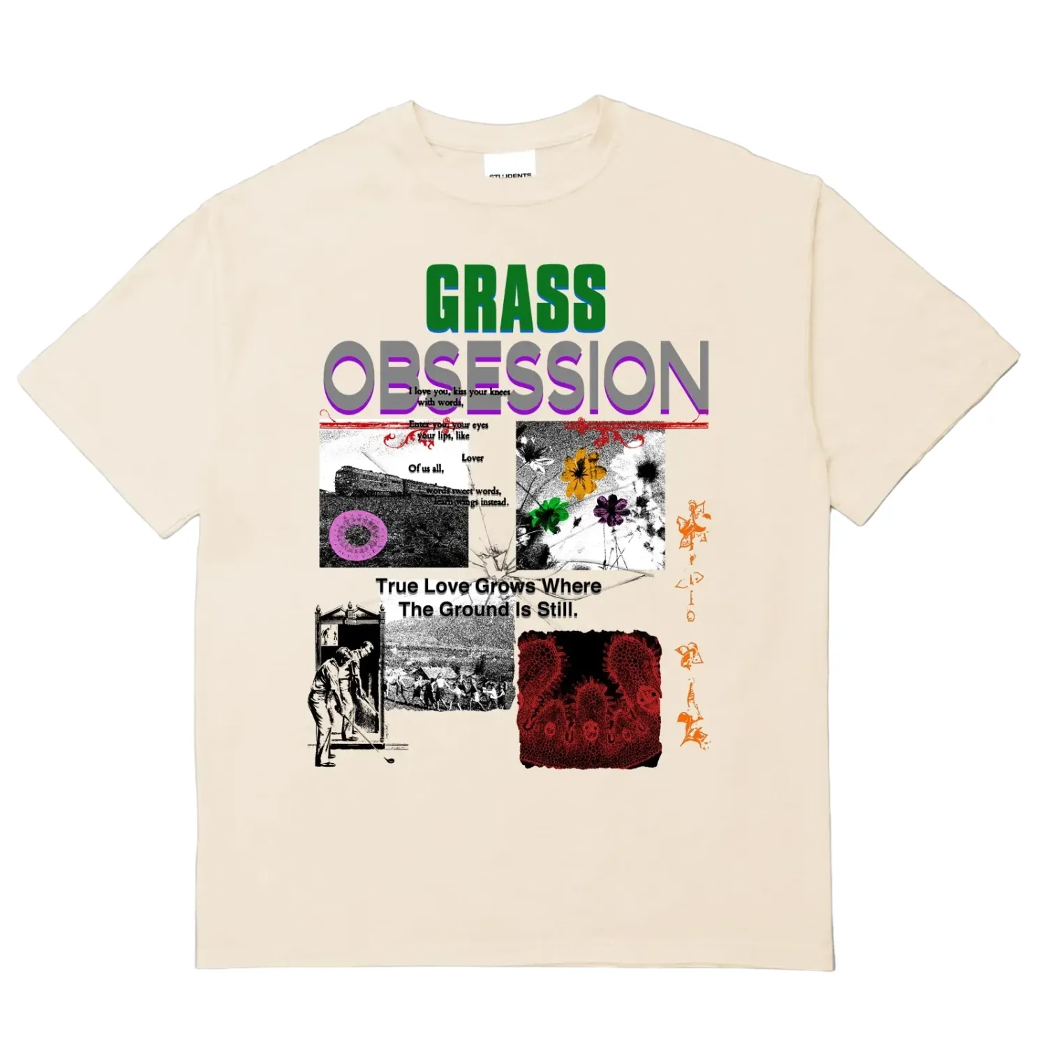 Front view of nude Students Grass Obsession tee with multicolor collage graphic.