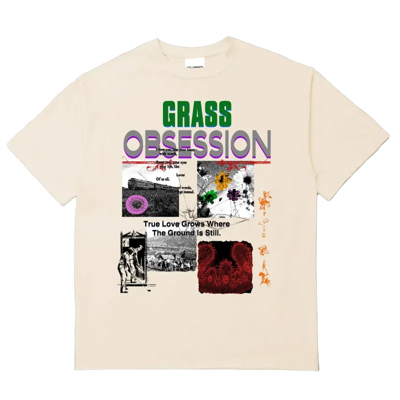 Front view of nude Students Grass Obsession tee with multicolor collage graphic.