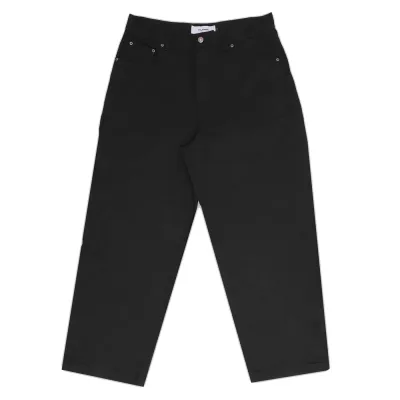 Flat lay front view of black pants showing pocket placement