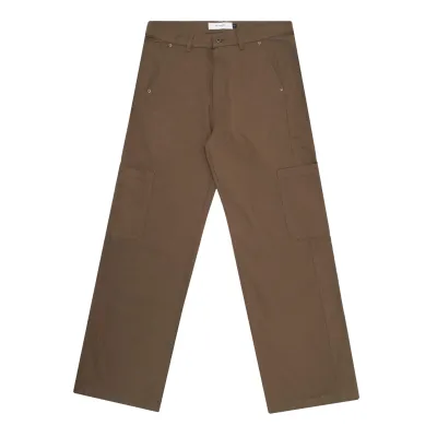 Front view of Students brown studio work pants with straight leg fit and utility pocket detailing