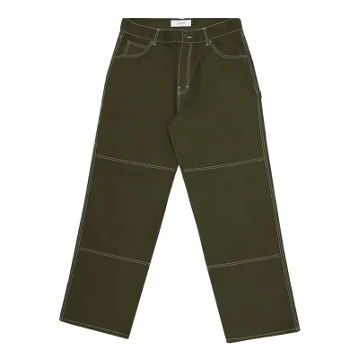Front view of Students military green carpenter pants with contrast white stitching and straight leg fit