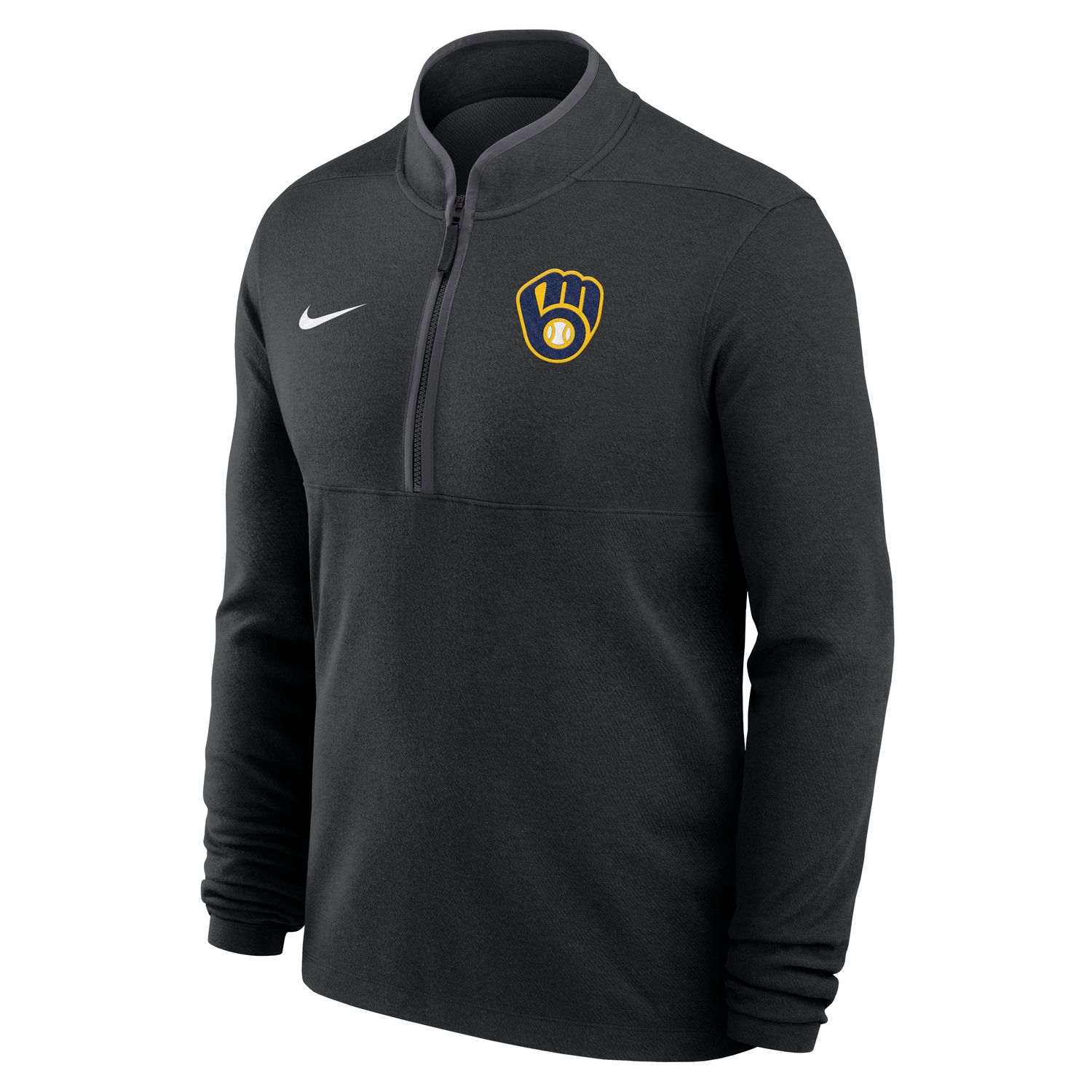 Front view of Nike Milwaukee Brewers Dri-FIT Victory Half Zip in black with embroidered team logo