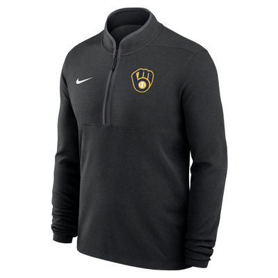 Front view of Nike Milwaukee Brewers Dri-FIT Victory Half Zip in black with embroidered team logo