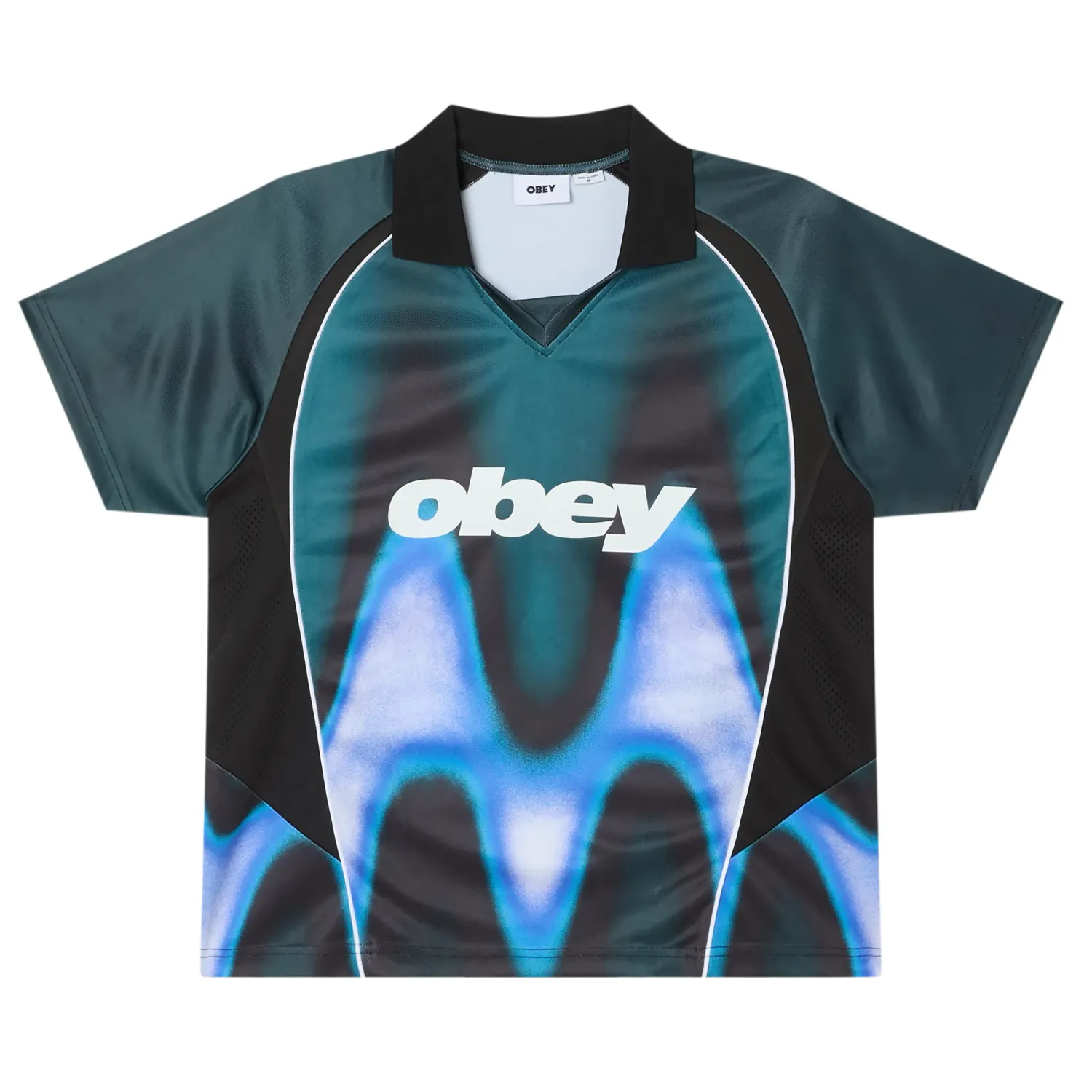 Front View Of OBEY Blurred Soccer Jersey In Dark Teal Multi.