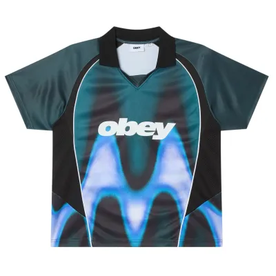 Front View Of OBEY Blurred Soccer Jersey In Dark Teal Multi.