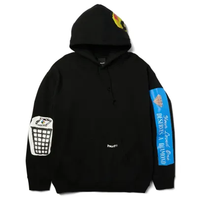 Front Flat Lay Of HUF Gimme The Loot Hoodie In Black.