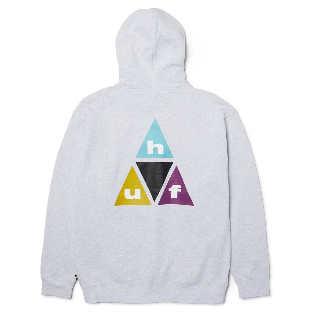 Back View Of HUF Prism Triple Triangle Hoodie In Heather Grey With Prism Logo Graphic.