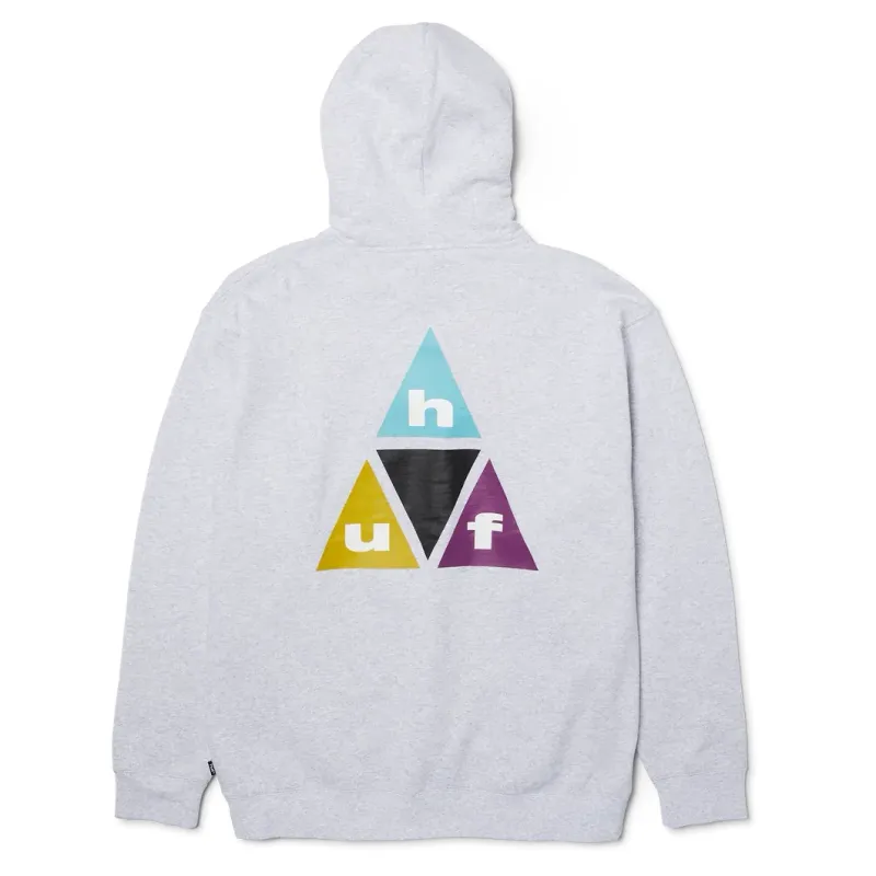 Back View Of HUF Prism Triple Triangle Hoodie In Heather Grey With Prism Logo Graphic.
